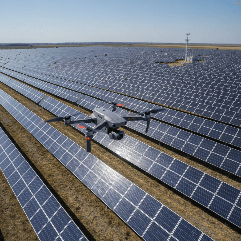 Drone DJI Mavic 3 Enterprise inspecionando uma usina solar.